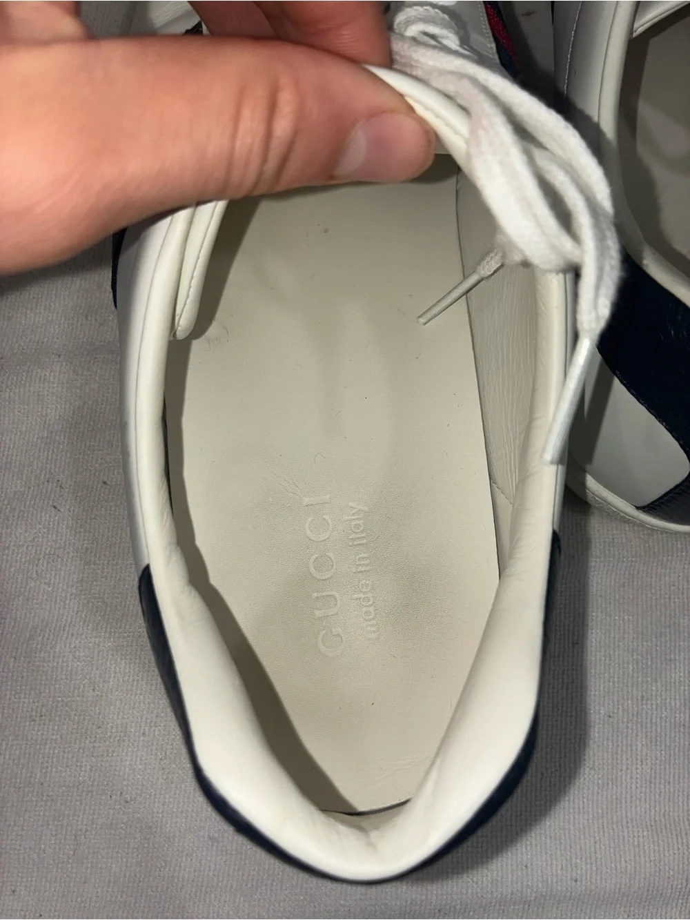 Classic Gucci size 12 White Leather Sneakers with Navy & Red Strip Shoes
